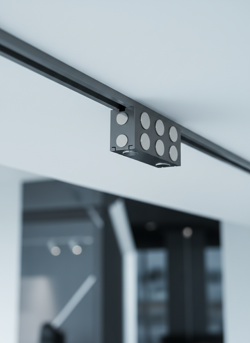 A close-up, photographic view of a single magnetic track light module in brushed dark gray metal, being held just millimeters away from a ceiling-mounted rail, with strong neodymium magnets clearly integrated into the back. The rail is a slim, perfectly straight extrusion embedded flush into a pristine white ceiling panel. Cool, directional studio lighting from the side creates crisp reflections along the chamfered edges and emphasizes the precision-machined surfaces. The background falls into a soft bokeh of abstract architectural shapes, suggesting a modern commercial interior. Captured with a shallow depth of field from a low, slightly tilted angle, the mood is technical and innovative, emphasizing engineering quality and next-generation design without any human presence.