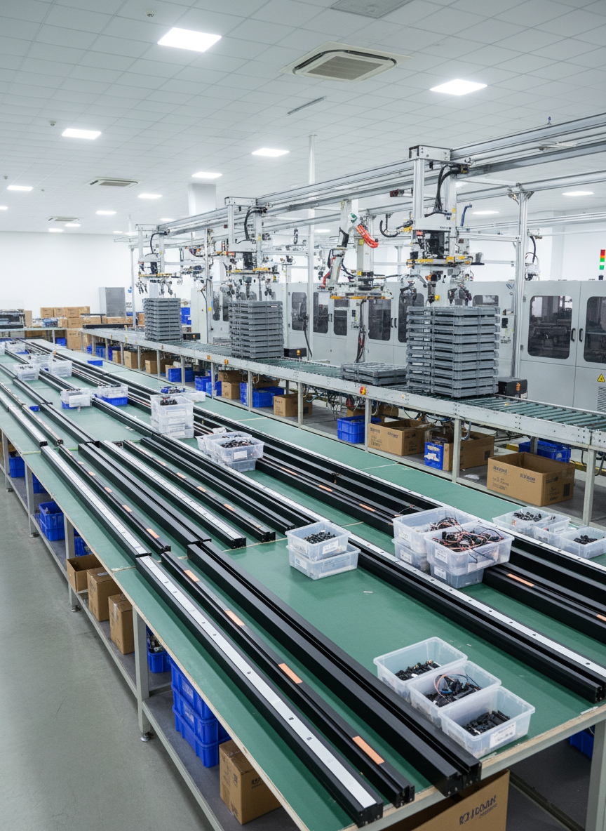 A factory-direct production environment focused on magnetic track lighting assembly, with automated machinery and neatly organized components but no workers. Long rows of matte-black aluminum profiles lie on anti-static tables, each fitted with copper conductors and magnetic inserts. In the background, robotic arms and conveyor belts handle small LED modules in uniform trays. Bright, cool-white industrial lighting floods the space, creating clear, shadow-free visibility and reflections on stainless steel surfaces. Shot from a slightly elevated, wide-angle perspective, the image has sharp detail across the frame, communicating large-scale manufacturing capability, quality control, and professionalism in a real-world, photographic style.