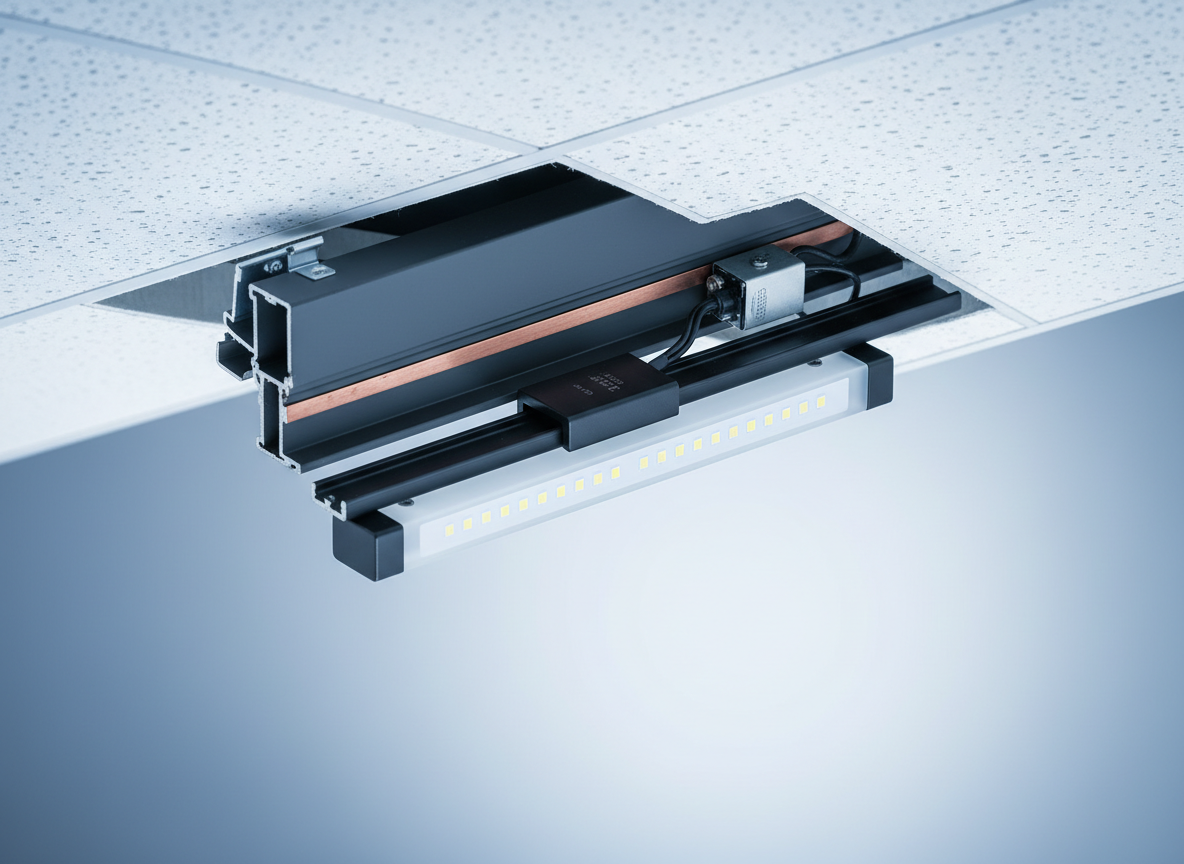A cross-sectional, photographic-style visualization of a recessed magnetic track light system integrated into a commercial ceiling. The ceiling panel is cut away on one side, revealing the aluminum extrusion profile, internal copper conductors, and compact magnetic mounting rail inside. A slim linear LED module is magnetically attached, showing its internal driver and LED chips through a semi-transparent housing. Cool, even studio lighting illuminates every detail without harsh shadows, emphasizing engineering precision. The background is a smooth, unfocused gradient, keeping attention on the technical cutaway. Captured from a slightly elevated isometric angle with sharp focus throughout, the scene feels like a premium engineering catalog illustration brought to life in realistic photographic style.