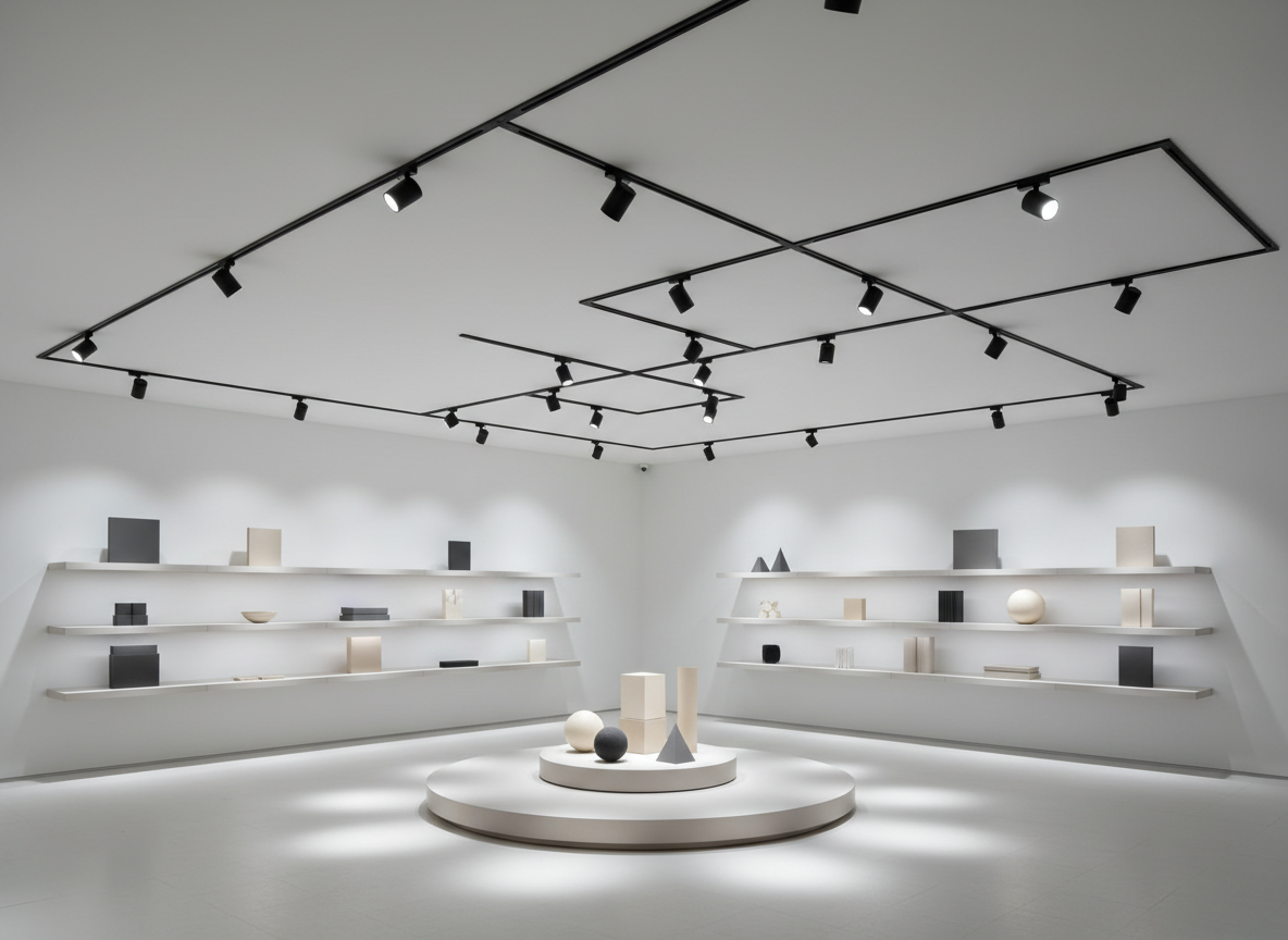 A modern retail showroom scene where magnetic track lighting is used to highlight merchandise displays. Black surface-mounted tracks zigzag across a smooth white ceiling, populated with adjustable spotlight modules that aim crisp beams onto shelving and a central display platform. The shelves hold simple geometric objects in neutral colors to avoid distraction. The lighting creates distinct pools of neutral-white light and gentle falloff, with subtle shadows that add depth. Shot from a mid-height, three-quarter angle, the composition follows the lines of the tracks, drawing the viewer’s eye through the scene. The atmosphere is professional and contemporary, captured in clean, photographic realism that emphasizes the flexibility and precision of the lighting system.