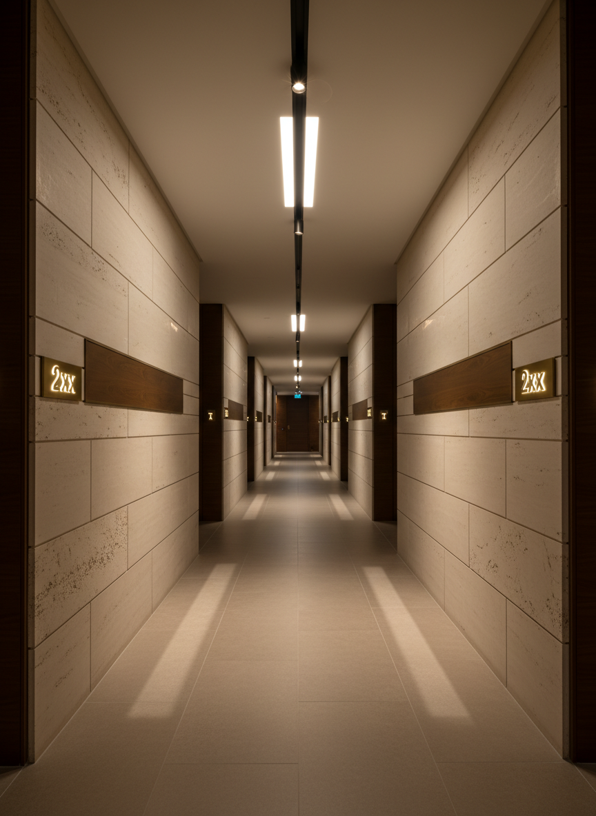 An architectural corridor in a high-end hotel, illuminated solely by a continuous recessed magnetic track running the full length of the ceiling. The track hosts a mix of concealed linear modules for ambient lighting and discrete spot heads focusing on textured wall panels and room number plaques. Warm-neutral LEDs create a calm, premium atmosphere with elongated shadows that emphasize depth and perspective. The walls feature subtle stone and wood finishes, but remain secondary to the lighting. Shot from a low, central perspective, the corridor converges toward a vanishing point, with sharp focus in the foreground and gentle softening in the distance, rendered in clean, realistic photographic style ideal for showcasing hospitality lighting design.