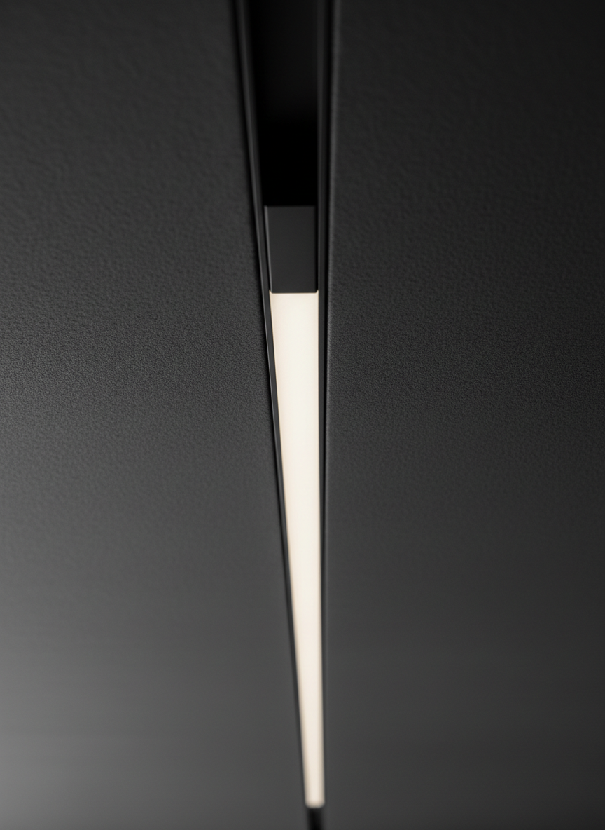 A minimalist product detail shot of a magnetic track light rail seamlessly embedded into a dark charcoal ceiling panel, emphasizing how slim and unobtrusive the system is. Only a razor-thin black slot is visible, with a single ultrathin linear module magnetically docked and emitting a uniform, glare-free band of neutral-white light. The ceiling texture is subtly visible, with a fine matte finish that contrasts with the precise, clean edges of the rail. Soft, controlled studio lighting balances the emitted light, avoiding hotspots and preserving detail. Captured from a low angle looking upward along the length of the rail, with a shallow depth of field that blurs the far end, the mood is sophisticated, architectural, and ultra-modern.