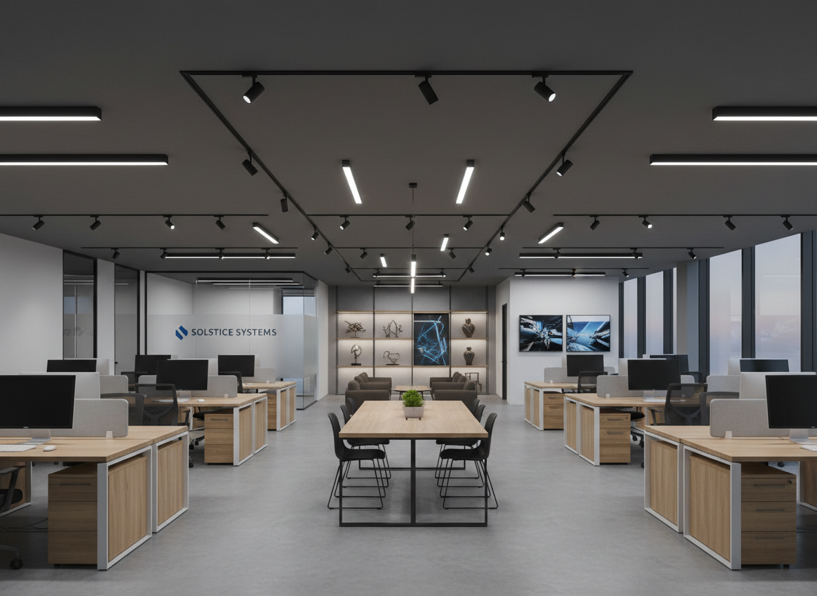 A service-related, realistic landscape photo of a modern office or retail interior showcasing magnetic track lighting. Black or dark track rails with spot and linear modules are clearly visible on the ceiling, illuminating workstations or merchandise displays. Clean, minimalist design, neutral colors, professional B2B look, matching existing site style.