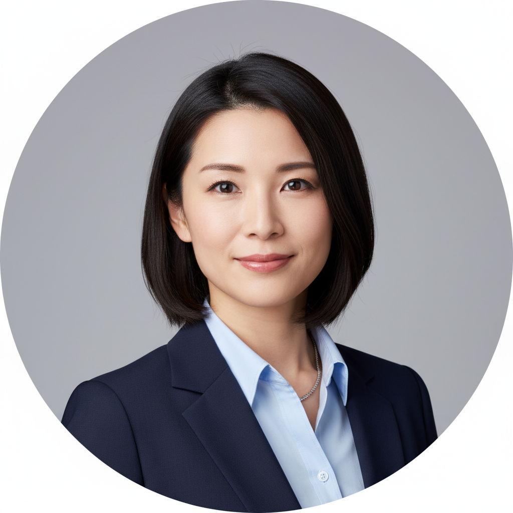 Realistic business portrait headshot of a Japanese lighting professional in their 30s, wearing smart casual office attire, neutral expression with a slight approachable smile. Clean studio-style background in soft gray, lit with professional, even lighting that reflects the aesthetic of a high-end commercial lighting brand. Framed in a centered square crop with shoulders and head visible, suitable for use as a small round testimonial avatar on a corporate website.